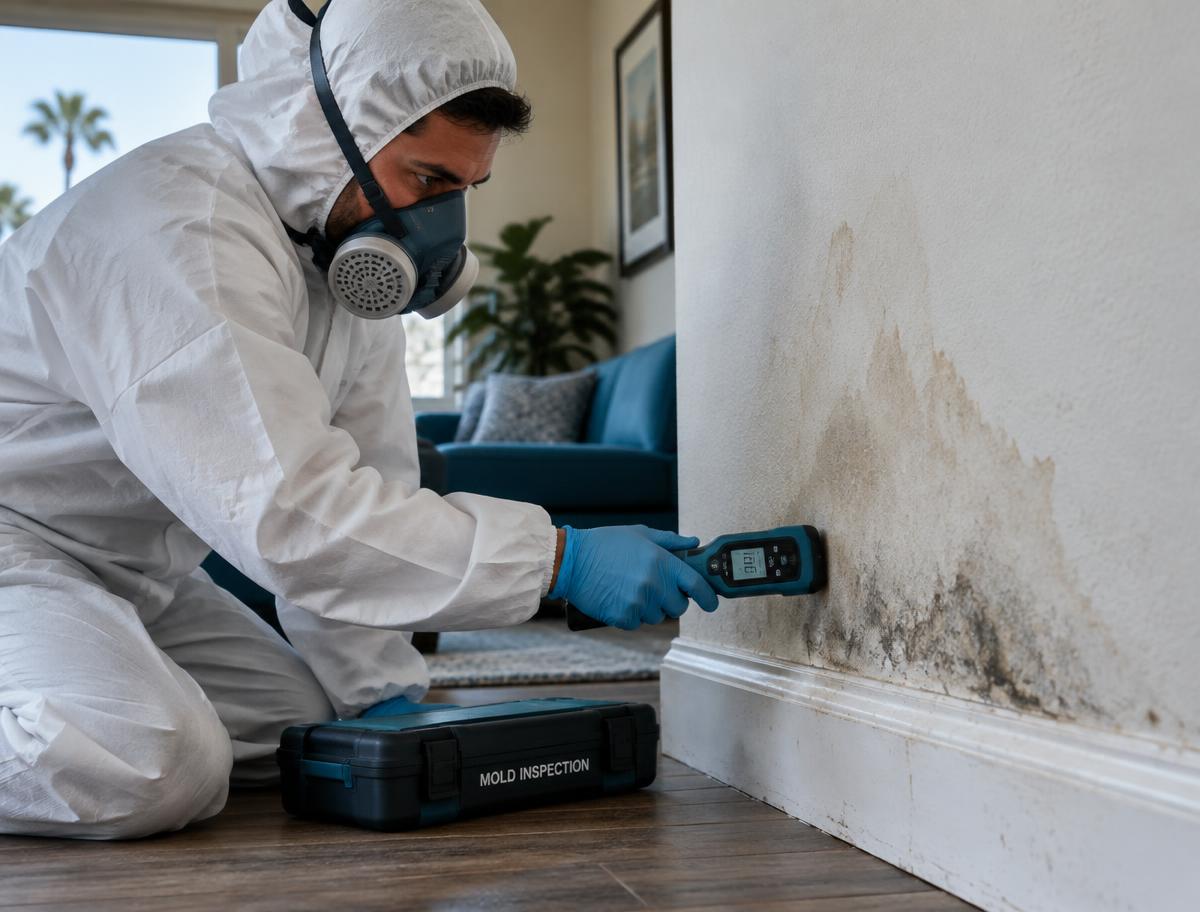 Mold inspector measuring moisture on a water-stained wall in an Anaheim home